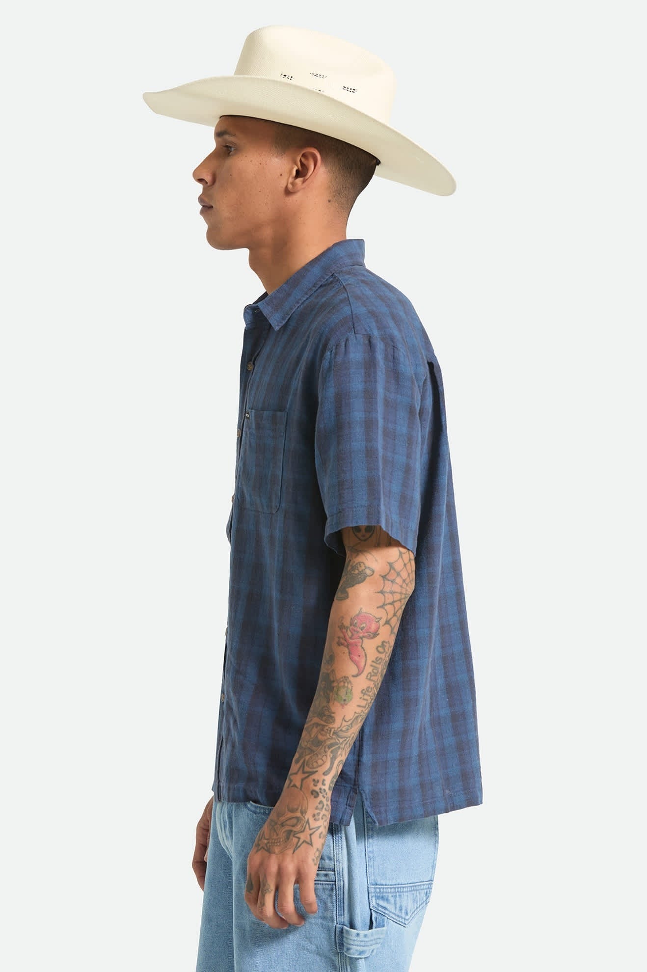 Cru Linen Blend Plaid Short Sleeve Shirt - Dark Blue/Black Plaid