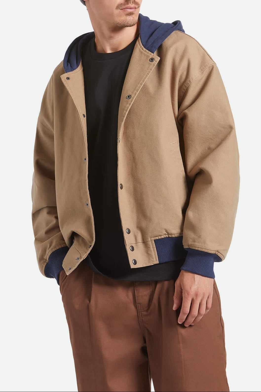 Canvas Hooded Bomber Jacket - Khaki/Mood Indigo