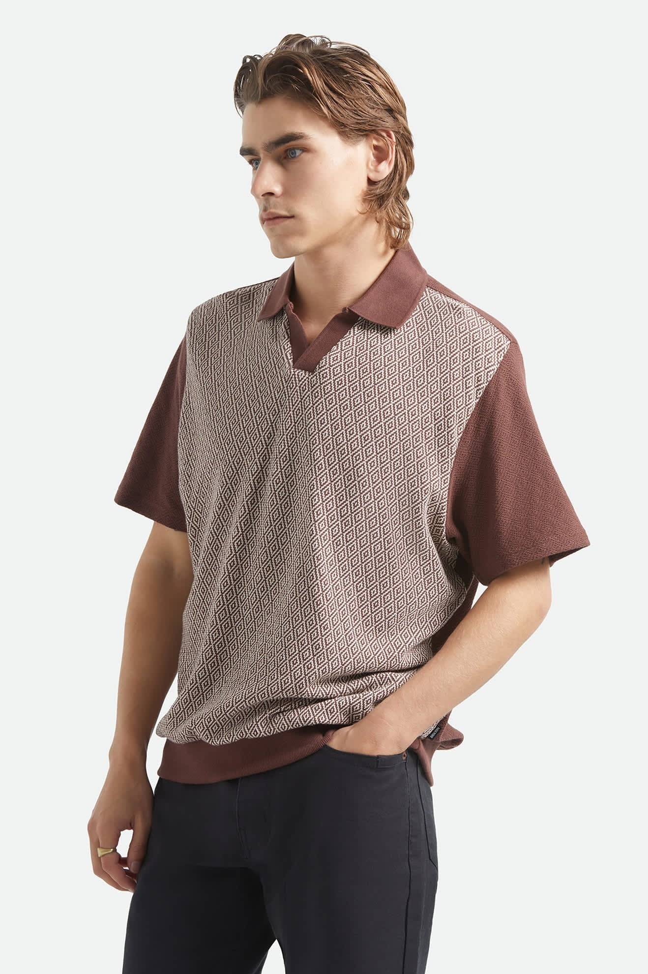 Theo Jacquard Short Sleeve Polo - Chocolate/Off White