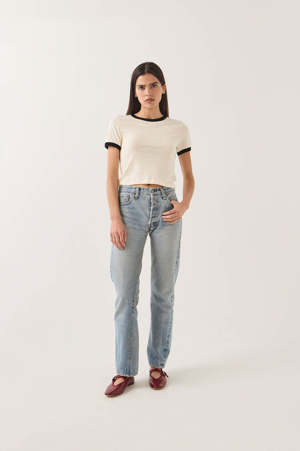 Carefree Organic Garment Dye Ringer T-Shirt - Off White/Black