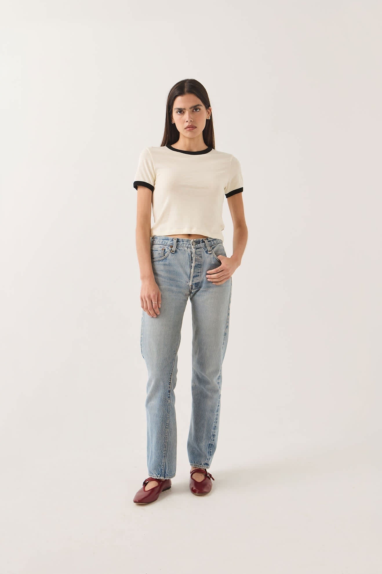 Carefree Organic Garment Dye Ringer T-Shirt - Off White/Black
