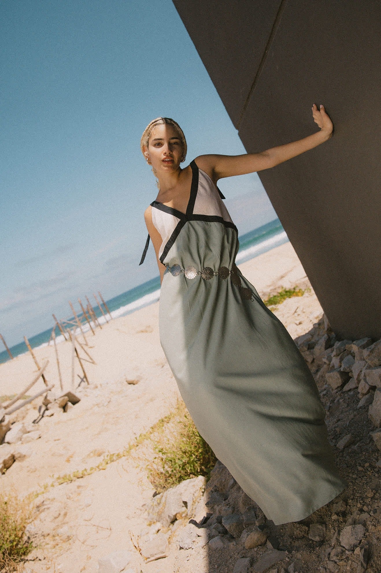 Sunset Tie Slip Dress - Sage Green/Whitecap