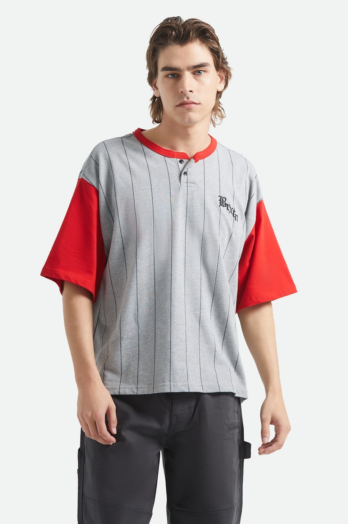 Boxy Short Sleeve Baseball T-Shirt - Heather Grey/Adrenaline Rush