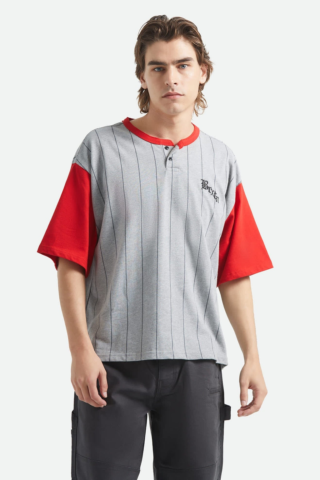 Boxy Short Sleeve Baseball T-Shirt - Heather Grey/Adrenaline Rush