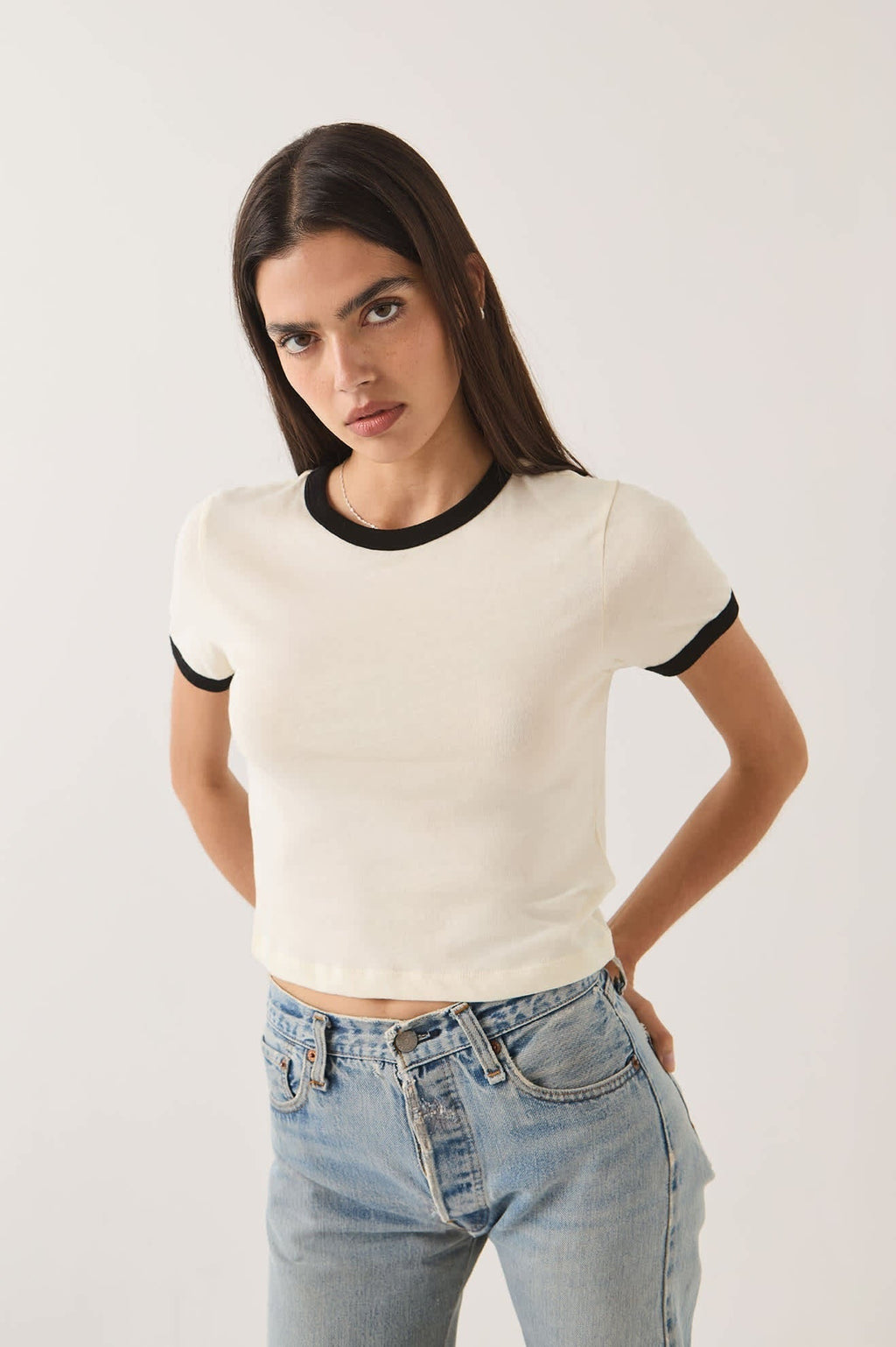 Carefree Organic Garment Dye Ringer T-Shirt - Off White/Black