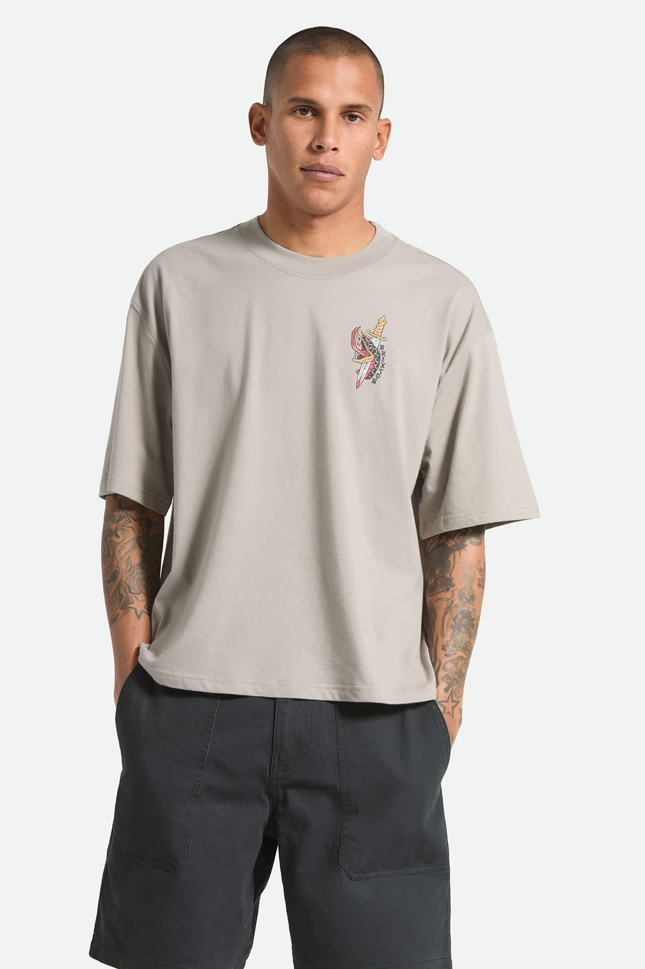 Sword Short Sleeve Boxed Crop T-Shirt - Pebble Stone