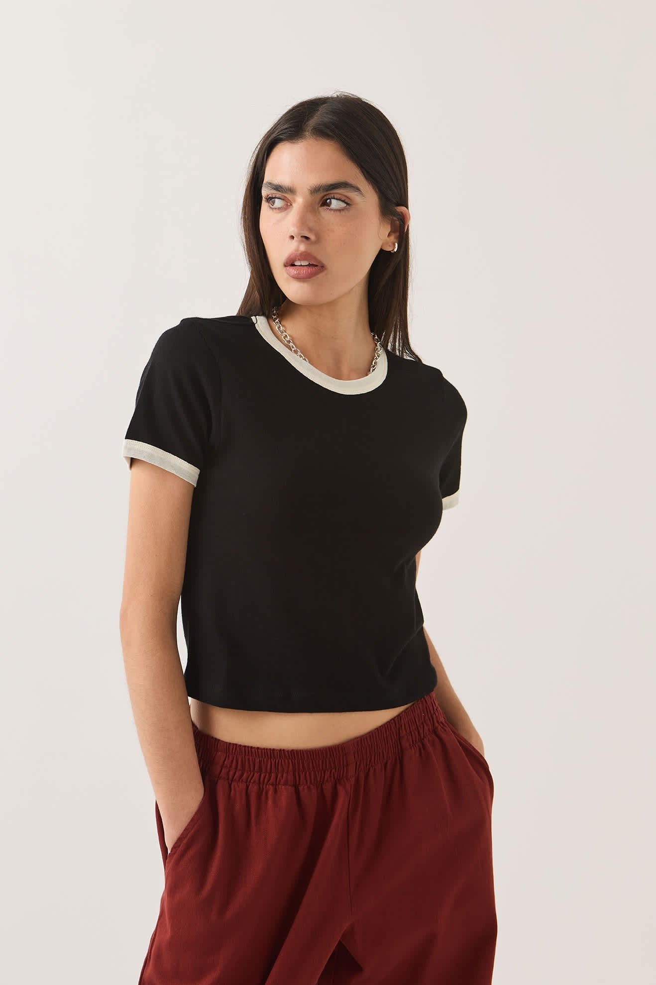 Carefree Organic Garment Dye Ringer T-Shirt - Black/Off White