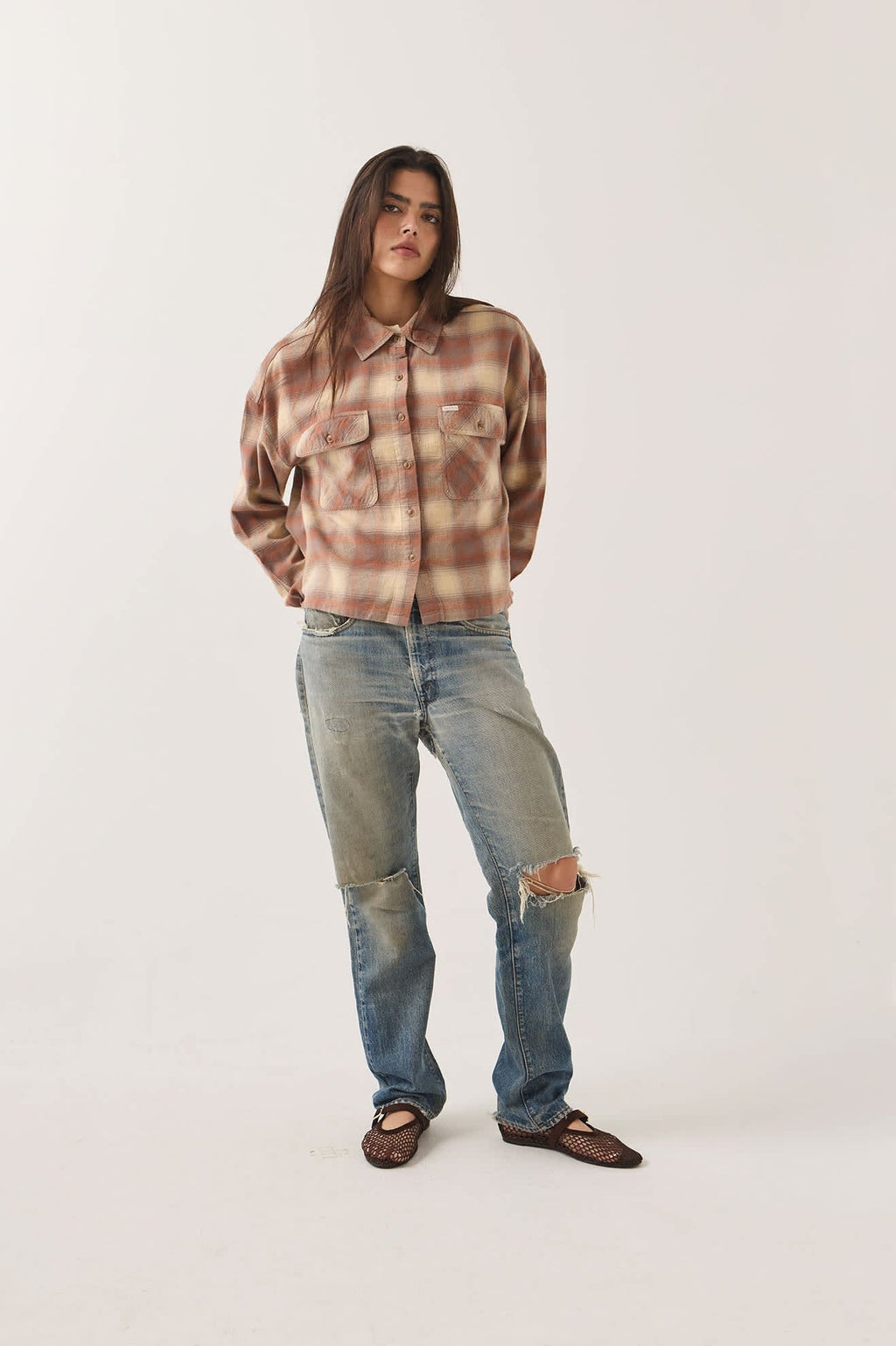 Bowery Crop Women's Overshirt - Soft Tan Window Plaid