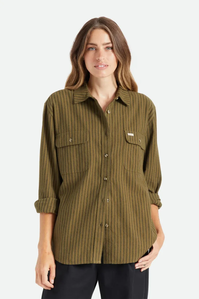 bowery boyfriend long sleeve flannel military olive stripe