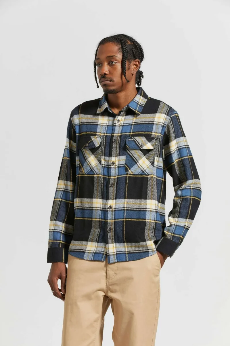 bowery joe blue plaid long sleeve flannel shirt