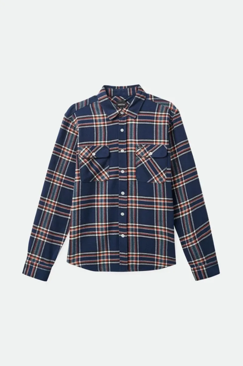 bowery long sleeve flannel shirt washed navy off white terracotta