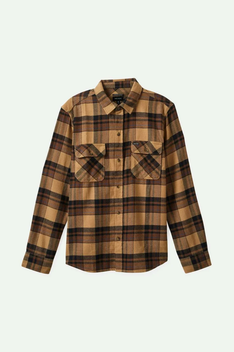 bowery long sleeve flannel tiger s eye pinecone brown washed black