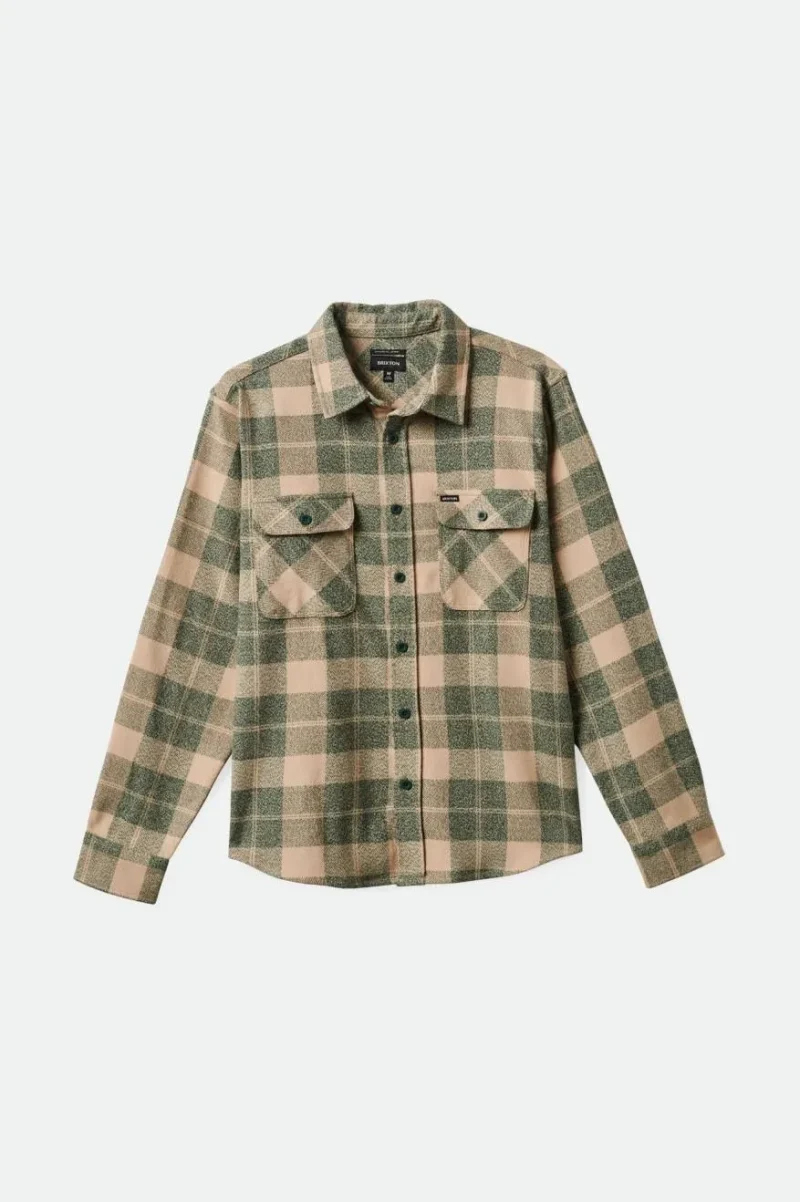 bowery stretch waterproof long sleeve flannel shirt trekking green oatmilk