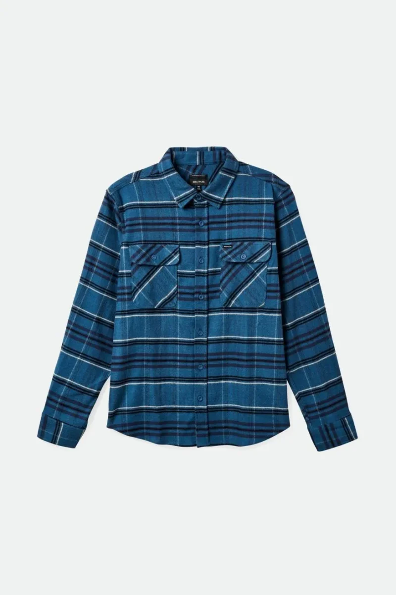 bowery water resistant stretch long sleeve flannel ocean navy grey