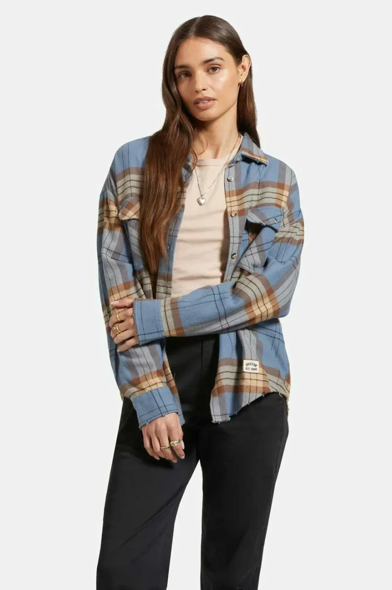 bowery women s classic long sleeve flannel blue pinecone plaid