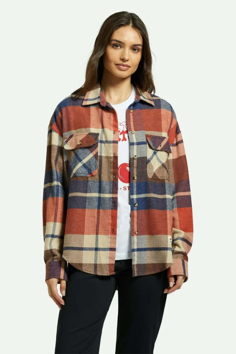 bowery women s classic long sleeve flannel shirt navy mars red white