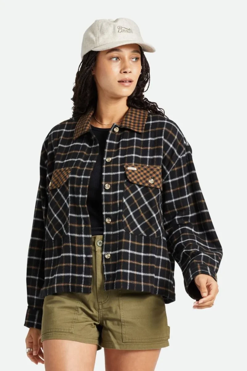 bowery women s long sleeve flannel shirt black bison