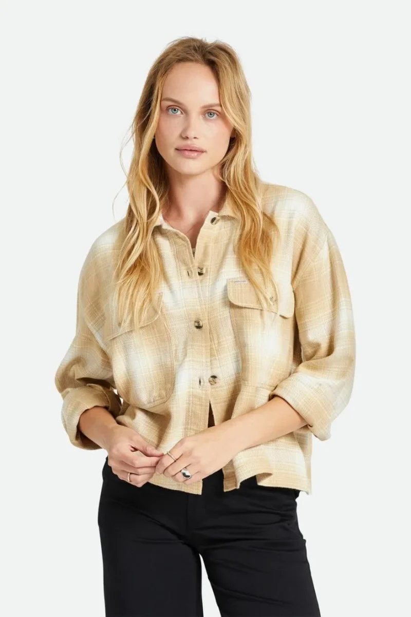 bowery women s long sleeve flannel shirt sesame off white