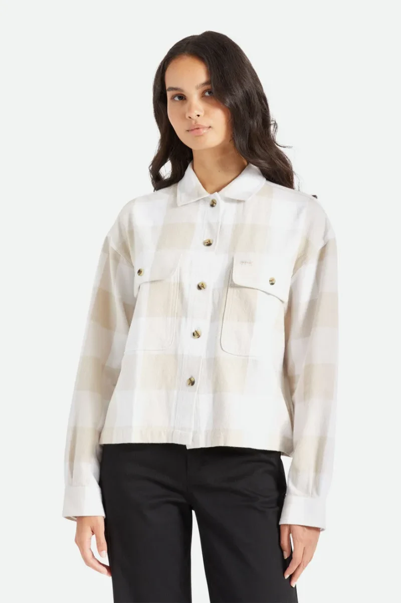 bowery women s white long sleeve flannel shirt