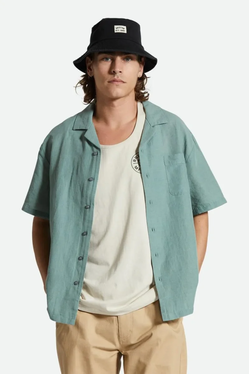 bunker chinois green linen blend camp collar shirt summer style