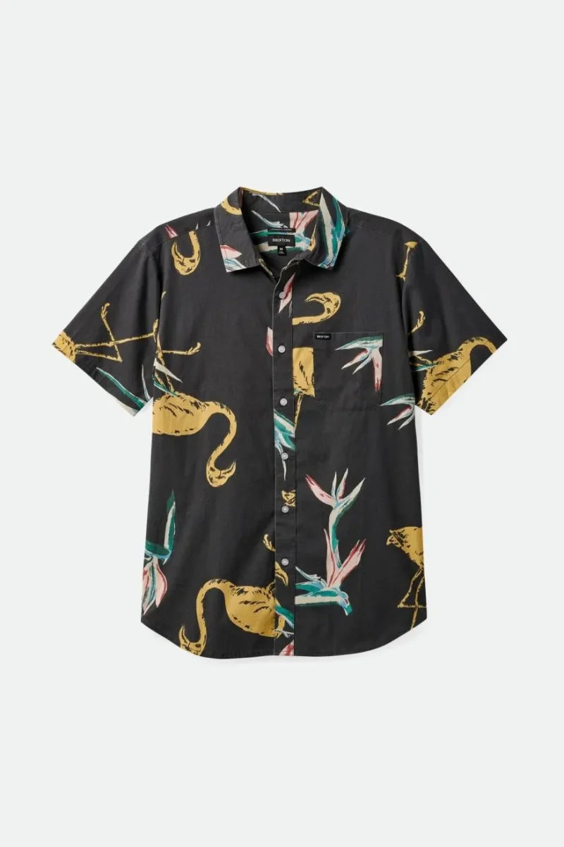 charter print short sleeve woven shirt black straw coral