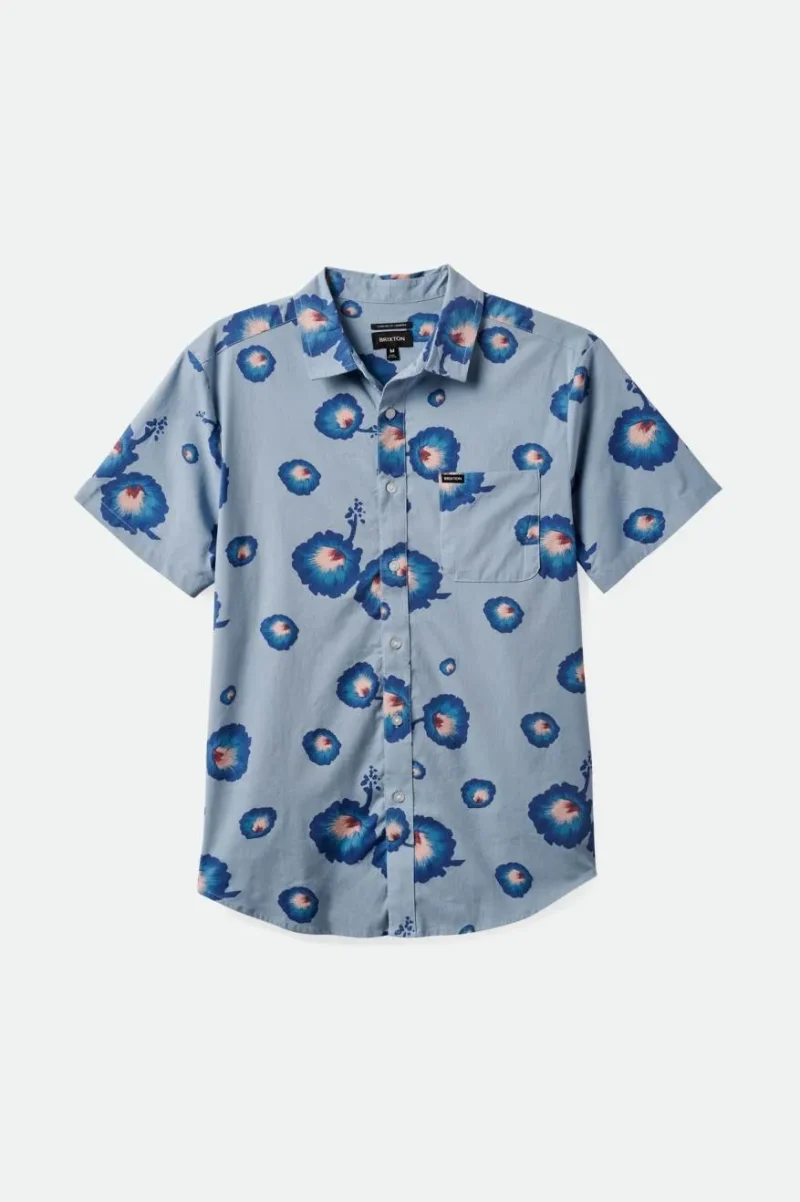 charter print short sleeve woven shirt dusty blue pacific blue coral pink