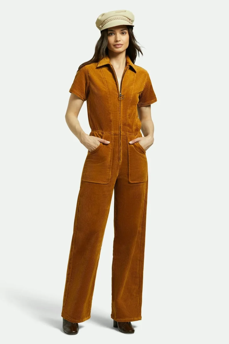 golden brown utility cord jumpsuit