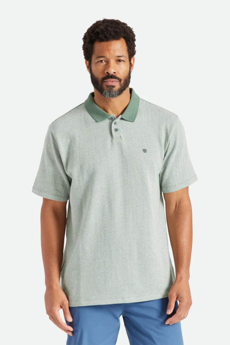 herringbone short sleeve polo dark forest off white