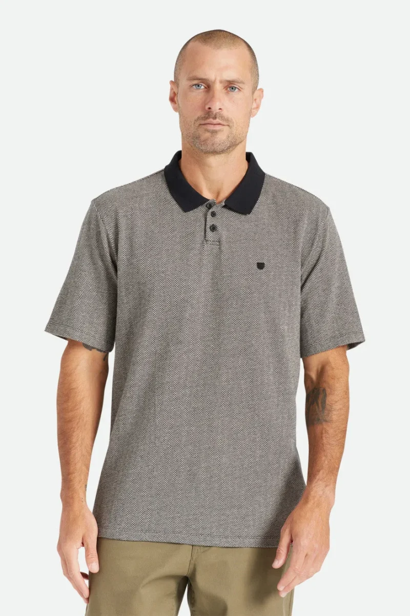 herringbone short sleeve polo knit black beige