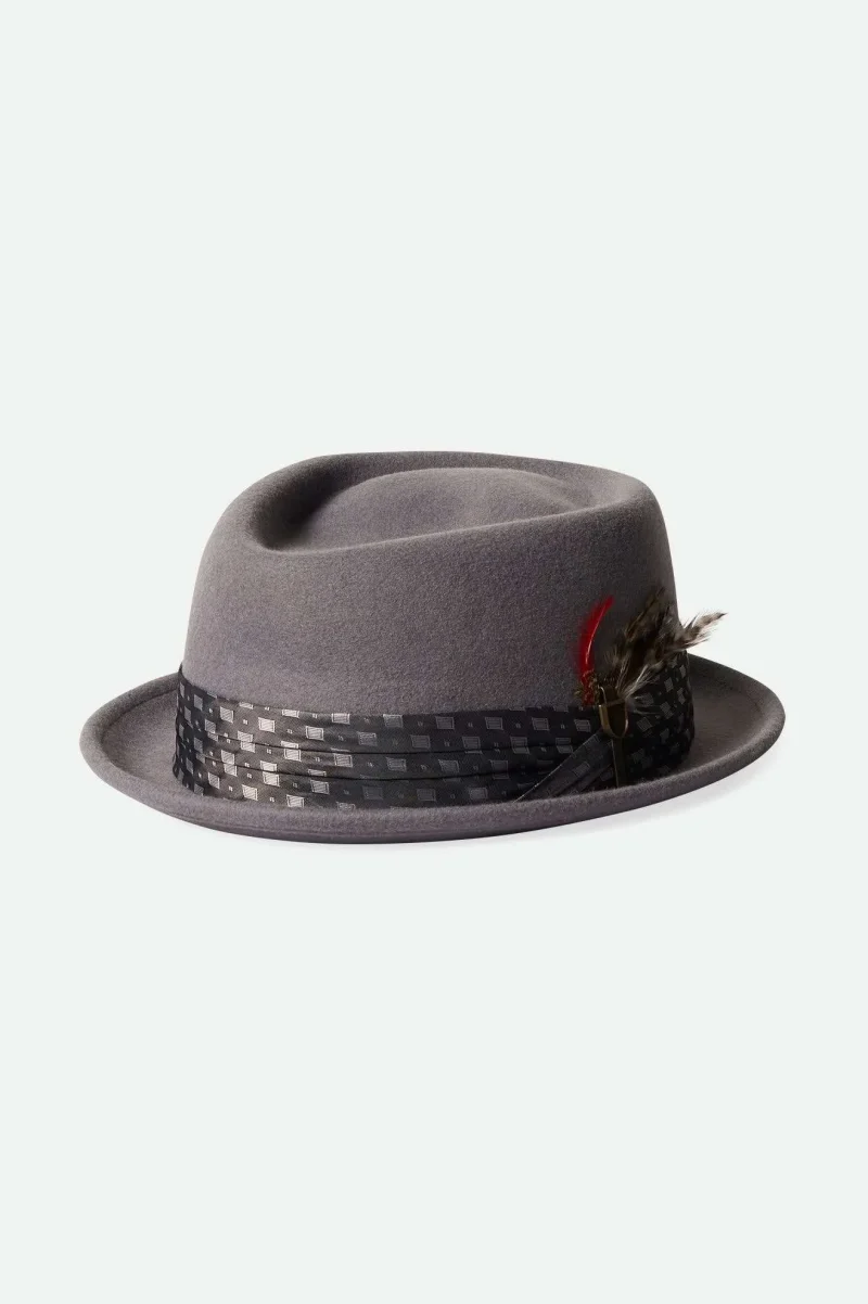 light grey stout pork pie hat with diamond design