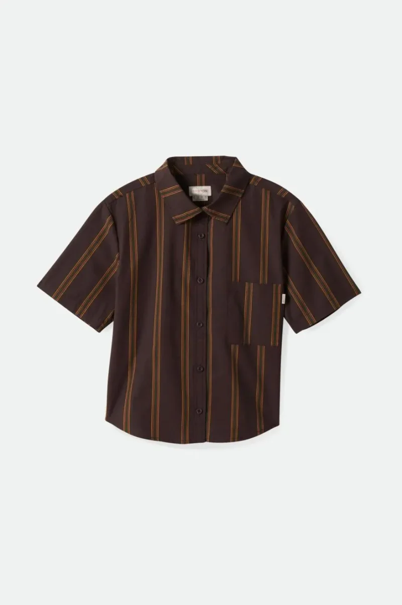 seal brown boxy short sleeve woven top