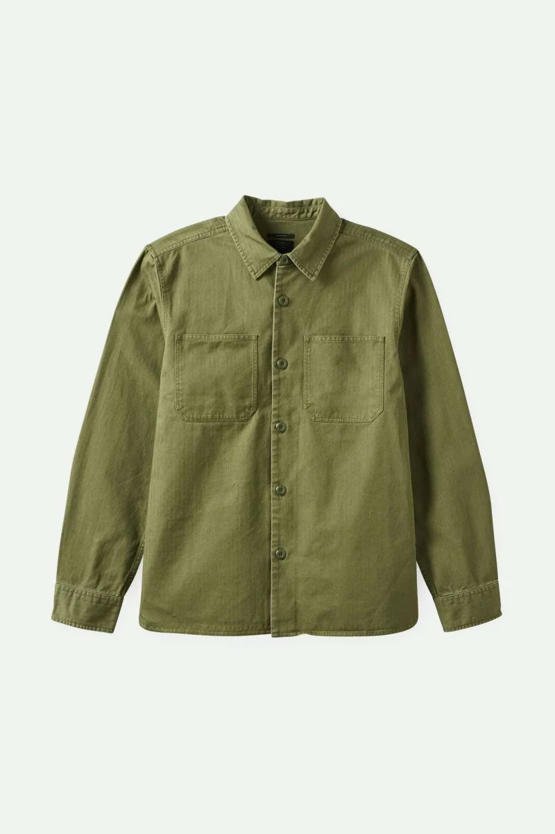 selden olive surplus long sleeve overshirt worn wash