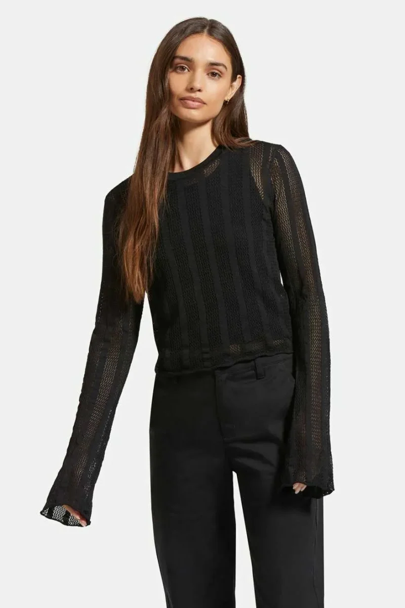 sheer long sleeve knit top black