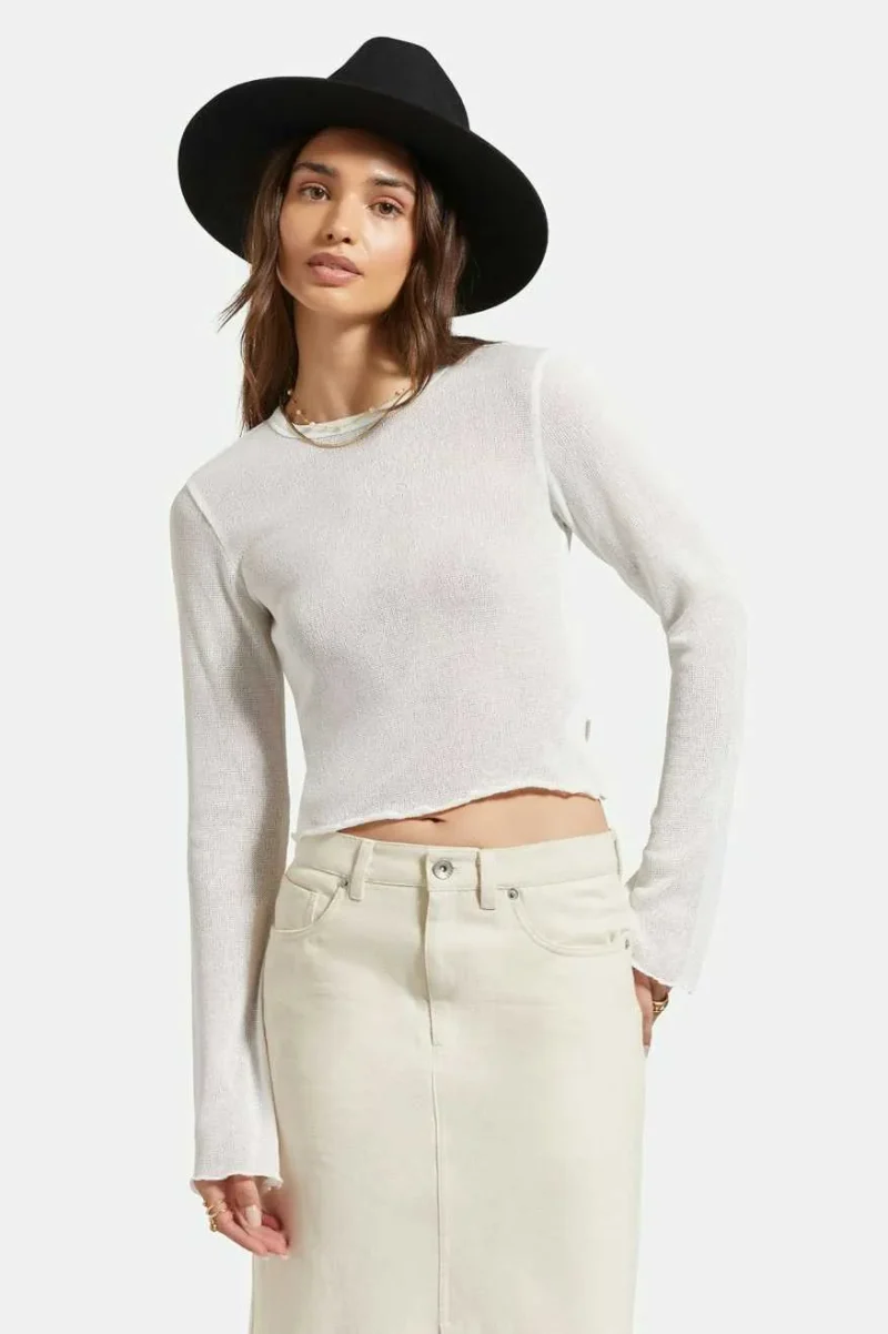 sheer long sleeve knit top off white