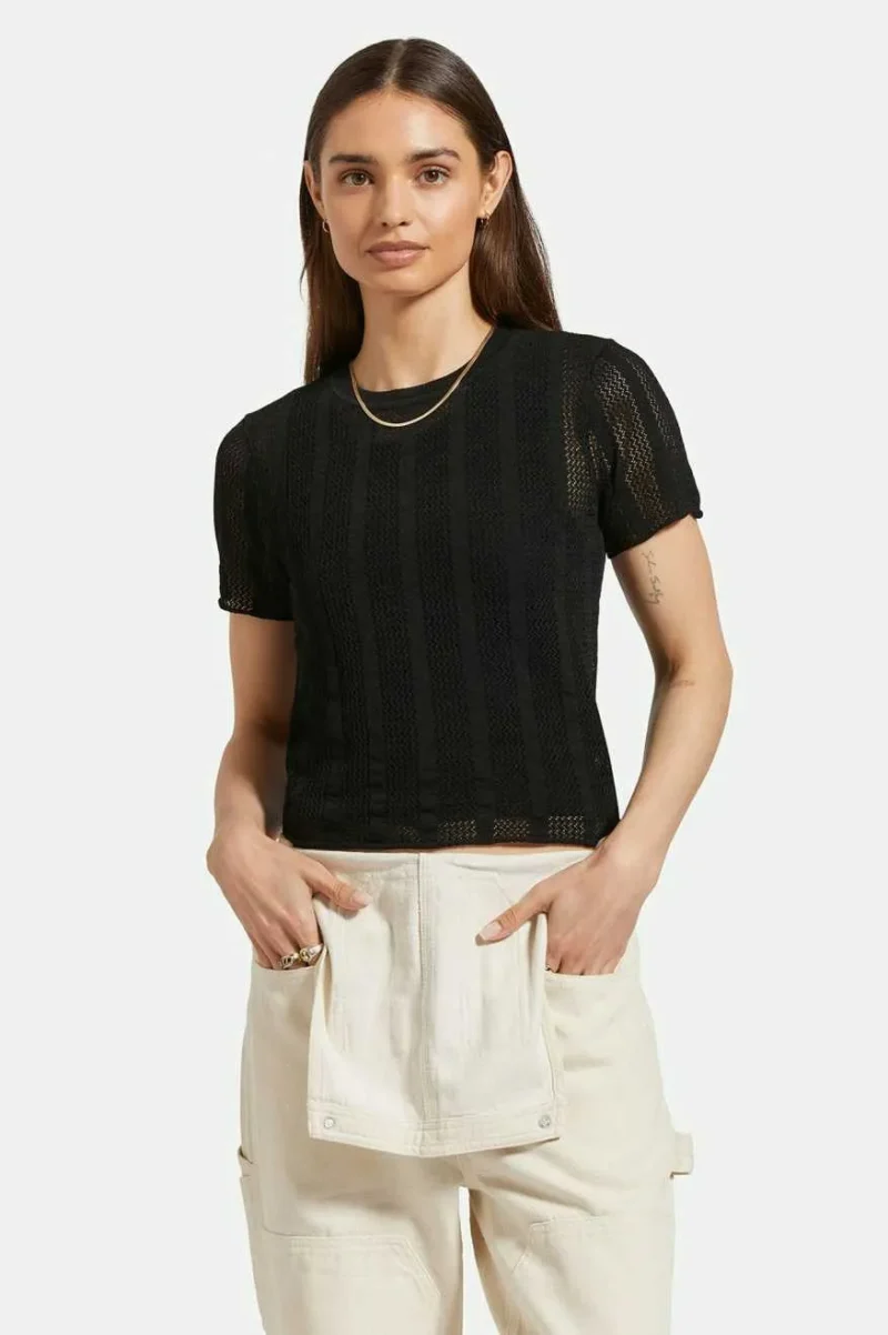 sleek sheer short sleeve knit top black