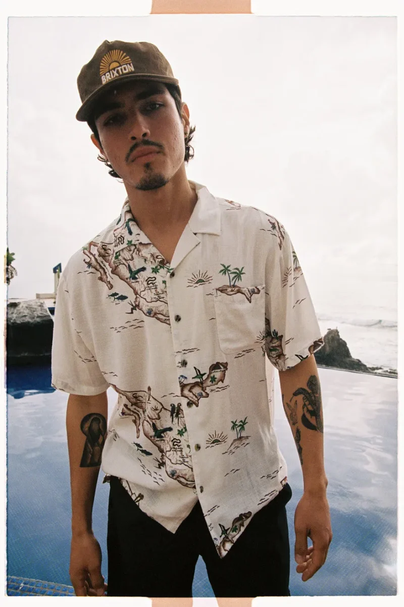 sleek slub camp collar shirt off white map