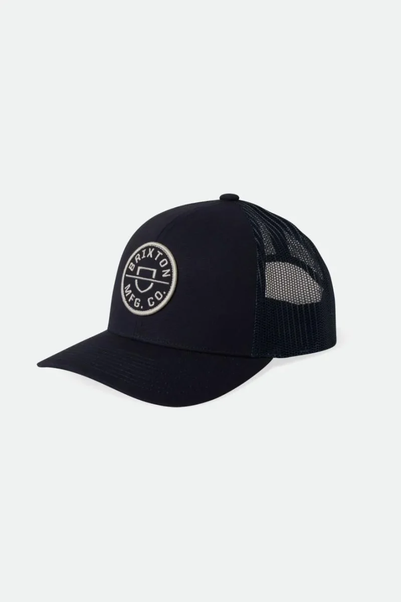 washed navy crest netplus trucker hat