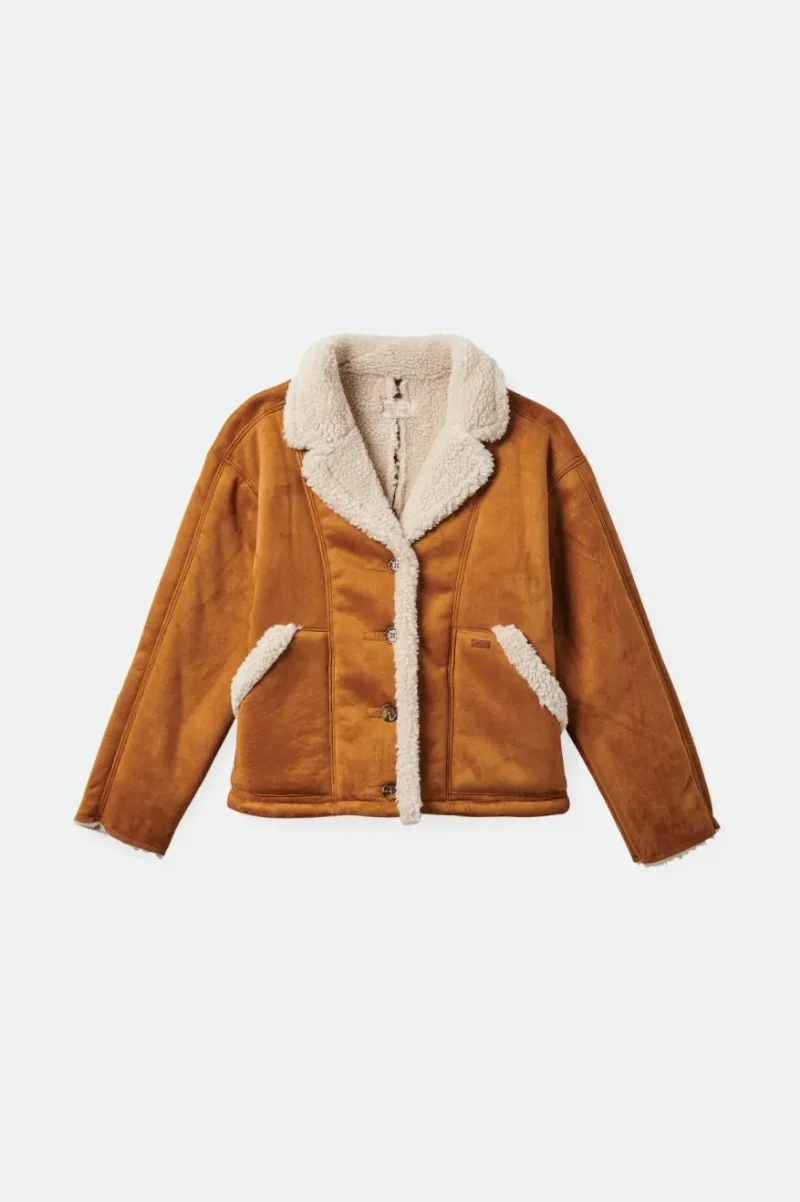 women s vegan shearling jacket caramel